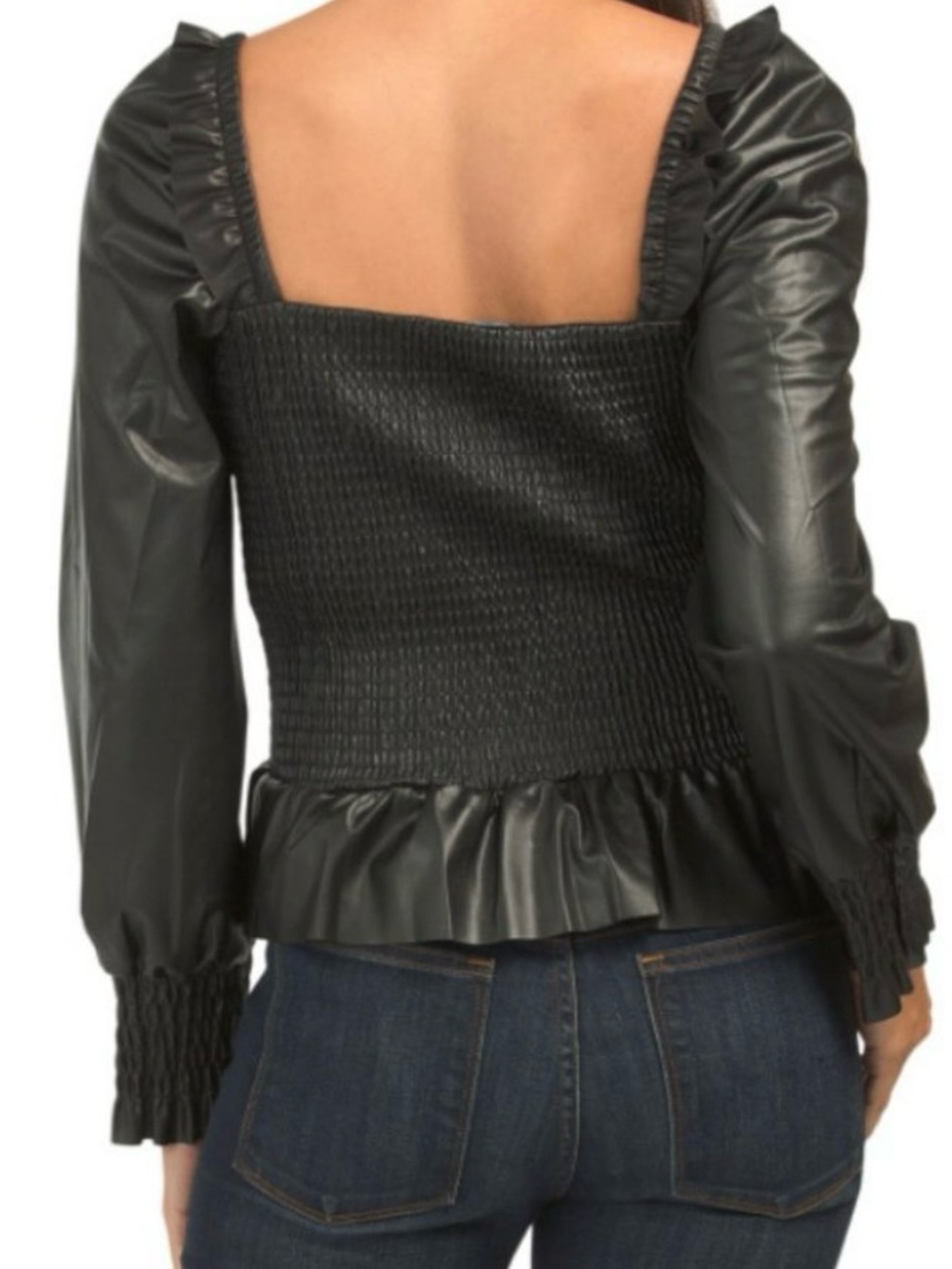 7 FOR ALL MANKIND Faux Leather Smocked Peplum Top • Size M • Black - Picture 2 of 10